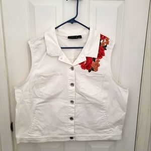 Susan Graver White Vest with Red Floral Embroidery
